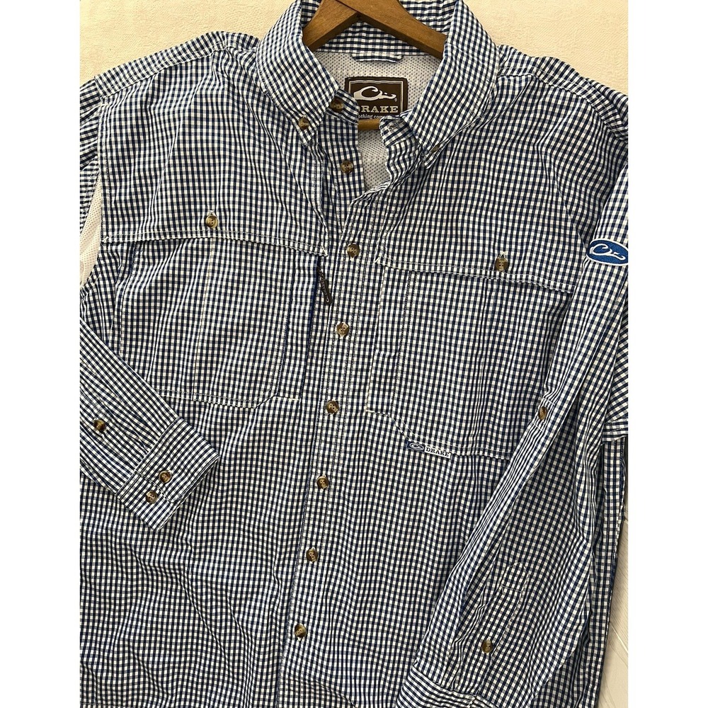 Drake Waterfowl Shirt Large‎ Blue Gingham Vented Long Sleeve Fishing Hiking Out